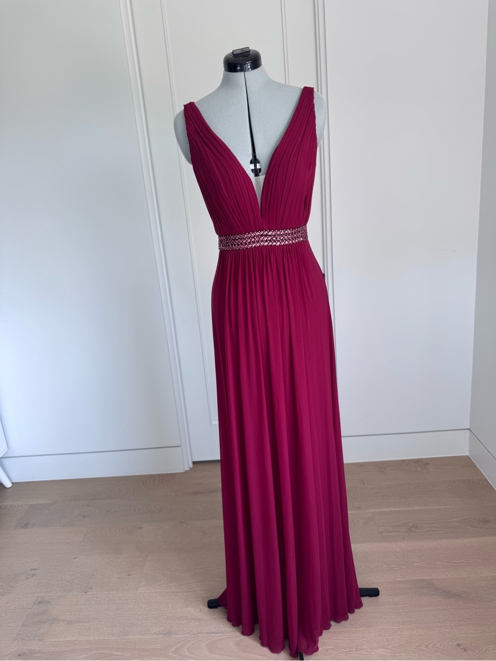 Raspberry Sleeveless V-Neck Maxi Gown with Beaded Details